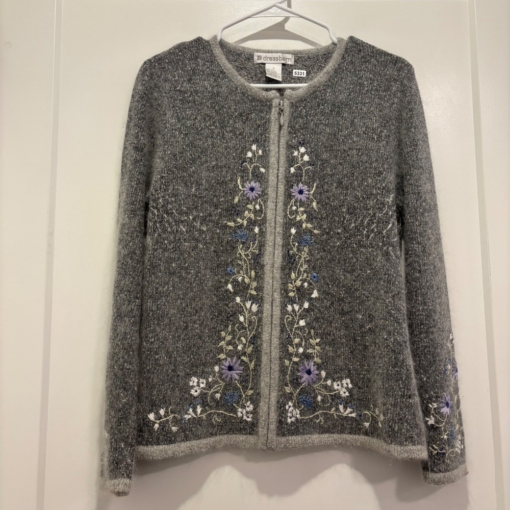 Dressbarn Silk Angora Blend Floral Embroidered Zip Front Cardigan Sweater Grey S